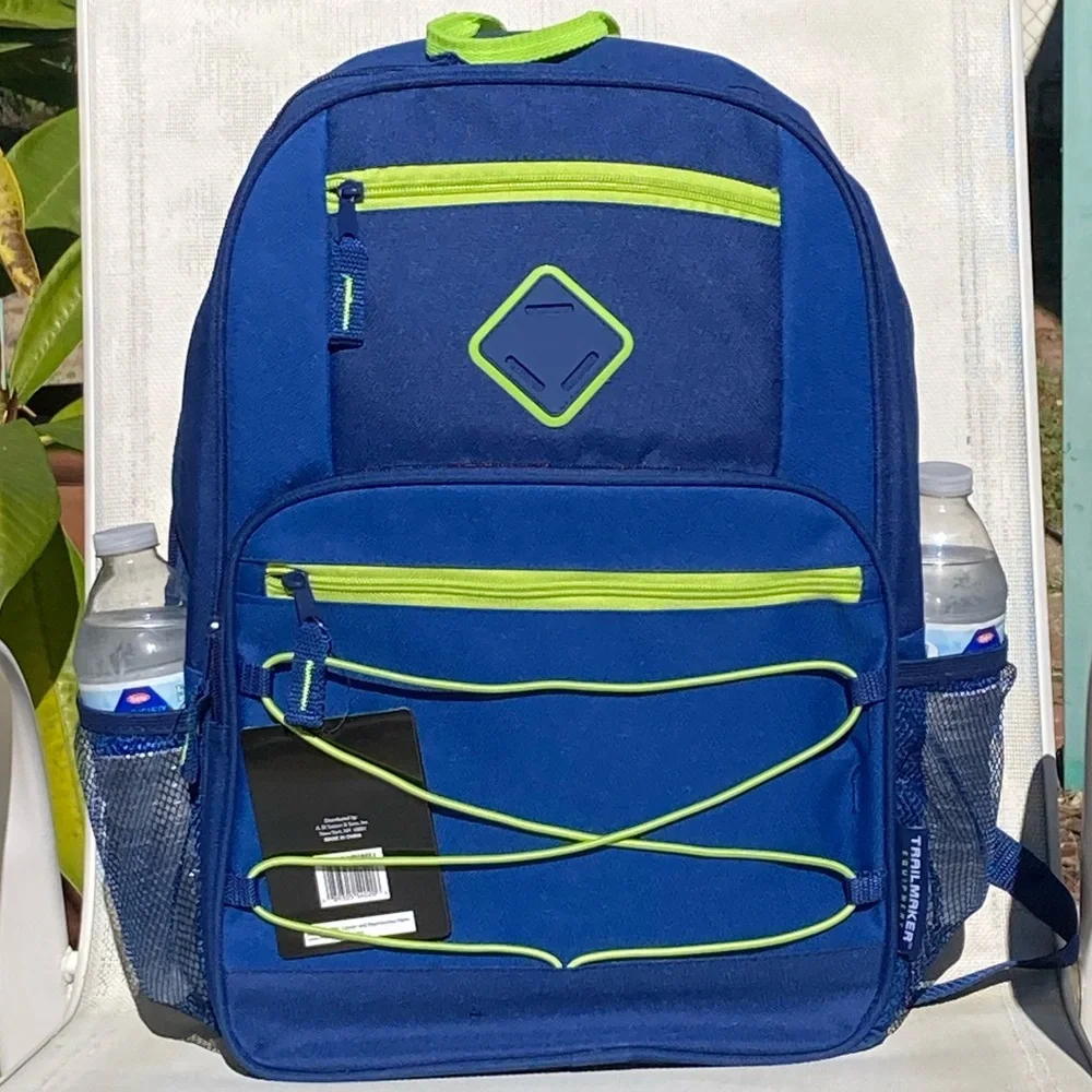 Blue Backpack with Green Trim Side Pockets New